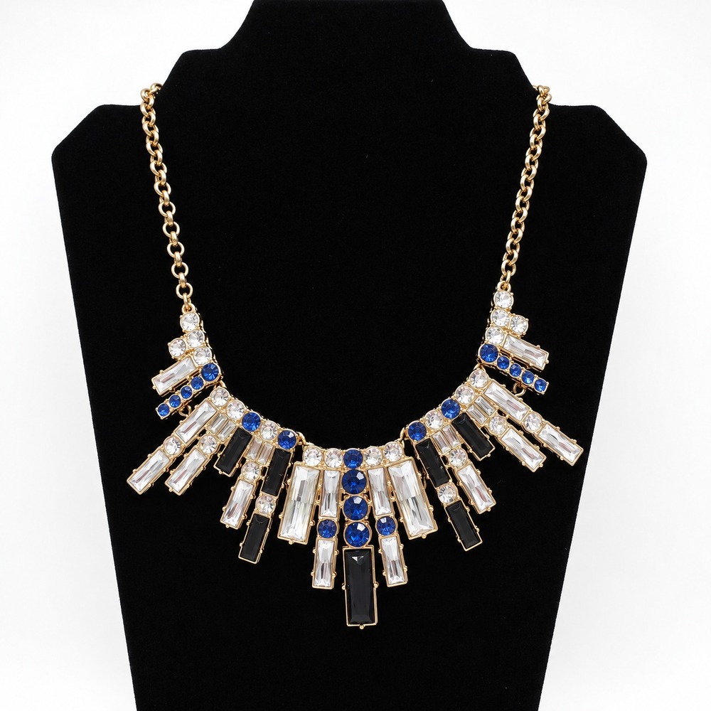 Vintage Rhinestone Bib Necklace Gold Tone Blue Black Clear Fringe Statement 18"